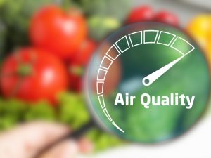 Air monitoring gauge near fresh tomatoes, assessing air quality standards for food facilities to ensure safety.