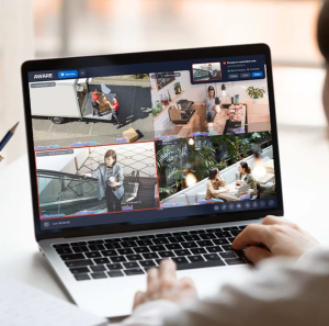 A laptop that monitors variety of camera feeds throughout your organisation for security and surveillance purposes 