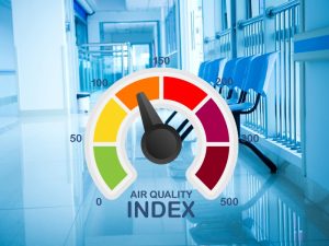 An air quality index gauge displays levels of airborne contaminants in a hospital setting, ensuring safe indoor environments.