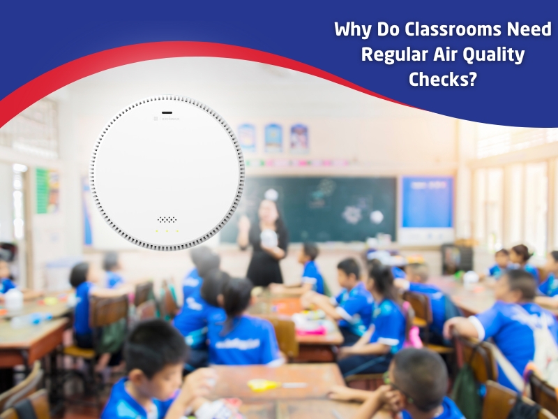 A classroom with students and a focus on an air quality monitor, promoting regular air quality checks to maintain a healthy classroom environment.