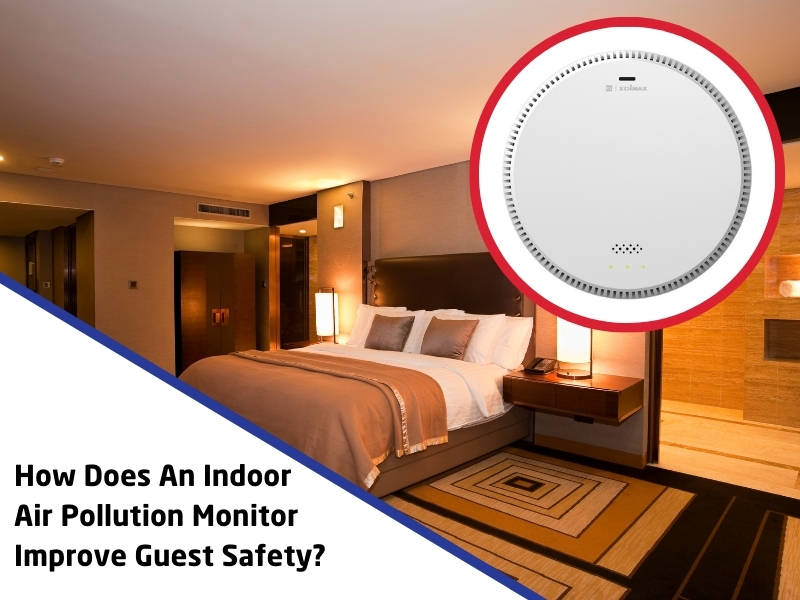 A stylish hotel room with an indoor air pollution monitor, ensuring clean air and improved guest safety