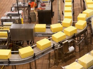 Cheese production line in a food factory, highlighting the importance of factory air quality testing for hygiene compliance.