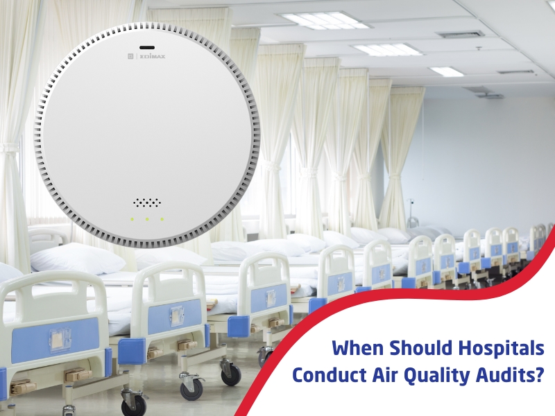 A hospital ward with many beds and an air quality monitoring device. Air quality audits improve infection control and patient safety.