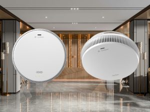 Two urban air pollution detectors suspended in a luxurious modern interior with reflective floors and elegant lighting.